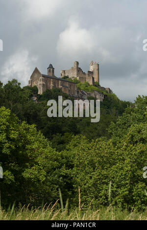 Il castello e Abbazia di Najac, Aveyron, Occitanie, Francia visto dal fiume Foto Stock