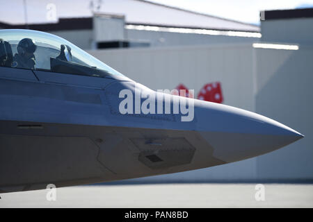 Stati Uniti Air Force Col. Christopher J. Niemi, 3° Wing Commander, taxi per il suo "fini" di volo in un F-22 Raptor, luglio 19, 2018 a base comune Elmendorf-Richardson, Alaska. Air Force Lt. Gen. Kenneth S. Wilsbach, comandante di Alaskan North American Aerospace Defense Command Regione, Alaskan comando, U.S. Comando Nord, e undicesimo Air Force, ha volato come Niemi's wingman. (U.S. Air Force foto da Jamal Wilson) Foto Stock