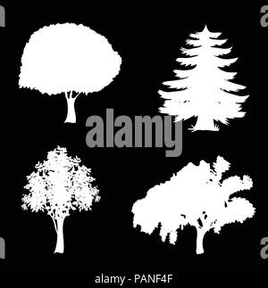 Vettore di bianco set di icone di alberi. Silhouette nera di fogliame e pini isolati su sfondo nero. Illustrazione Vettoriale