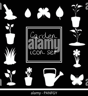 Giardinaggio bianco icon set isolato su sfondo nero . Silhouette monocromatiche di illustrazioni vettoriali, icone, segni, modelli per la progettazione. Illustrazione Vettoriale