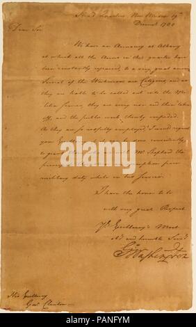 Lettera da George Washington per il governatore di New York George Clinton. Autore: George Washington (American, 1732-1799). Cultura: American. Dimensioni: 13 1/2 x 8 3/8 in. (34,2 x 21,2 cm). Autore: nella mano di tinca Tilghman (1774-1786). Data: 1780. Questa lettera da George Washington a governatore George Clinton di New York (1739-1812) è stata scritta da tinca Tilghman, aiutante di campo del generale Washington. Essa è datata 'Head Quarters, New Windsor, 19 dicembre, 1780." La lettera le richieste che gli operai al armory in Albany essere esentati dal servizio nella milizia. Museo: Metropolitan Museum of Art di New Y Foto Stock
