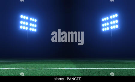 Stadio di Calcio le luci dei riflettori su sfondo nero e calcio Campo di erba in primo piano. Washer e campo di calcio 3D render in volumetr Foto Stock