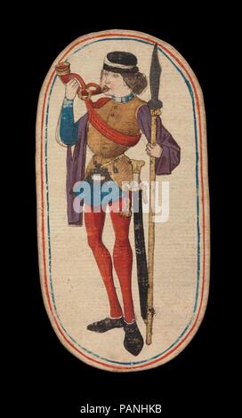Knave di corna, dal chiostro carte da gioco. Cultura: Netherlandish Sud. Dimensioni: 5 3/16 x 2 3/4 in. (13,2 × 7 cm). Data: ca. 1475-80. I Chiostri set di cinquantadue carte costituisce il solo noto ponte completo di ordinaria illuminata carte da gioco (al contrario di tarocchi) dal XV secolo. Ci sono quattro abiti, ciascuno costituito da un letto king, queen knave e dieci carte pip. La tuta simboli, basata su apparecchiature associate con la caccia, sono corni da caccia, cane collari, hound con cordini e gioco cappi. Il valore delle carte di pip è indicato da appositi ripetizioni del Foto Stock