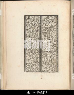 Esemplario di lavori, pagina 3 (verso). Dimensioni: 9 5/16 x 7 1/4 x 15/16 in. (23,7 x 18,4 x 2,4 cm). Pubblicato in: Venezia. Editore: Nicolò Zoppino (italiano, Ferrara 1478/80-1544 Venezia) , Venezia. Data: Agosto 1529. Pubblicato da Nicolo Zoppino, italiano, attivo del XVI secolo, Venezia. Dall'alto al basso e da sinistra a destra: Design composto da 2 bande verticali: vigne con 3- e 5-petaled foglie, e vigne con il tarassaco e foglie. Museo: Metropolitan Museum of Art di New York, Stati Uniti d'America. Foto Stock