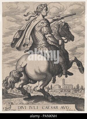 La piastra 1: Imperatore Giulio Cesare a cavallo da ' i primi dodici Cesari Romano', dopo la tempesta. Artista: Matthäus Merian il vecchio (Swiss, Basilea 1593-1650 Schwalbach); dopo Antonio Tempesta (italiano, Firenze Roma 1555-1630). Dimensioni: foglio: 11 13/16 x 8 7/8 in. (30 × 22,5 cm). Data: 1610-50. Museo: Metropolitan Museum of Art di New York, Stati Uniti d'America. Foto Stock