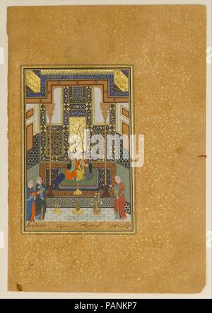 'Matrimonio di Khusrau e Shirin', Folio 104 da una Khamsa (quintetto) di Nizami. Artista: dipinto di Shaikh Zada. Autore: Nizami (Abu Ilyas Muhammad Nizam al-Din di Ganja) (probabilmente 1141-1217). Calligrapher: Sultan Muhammad Nur (ca. 1472-ca. 1536); Mahmud Muzahhib. Dimensioni: Pittura: H. 7. (17,8 cm) W. 4 3/4 in. (12,1 cm) Pagina: H. 12 5/8 in. (32,1 cm) W. 8 3/4 in. (22,2 cm) tappeto: H. 19 1/4 in. (48,9 cm) W. 14 1/4 in. (36,2 cm). Data: datato A.H. 931/D.C. 1524-25. Il secondo poema di Nizami's Khamsa (quintetto) è una romantica storia epica riguardante l'ultima grande Sasaniane righello, Khusrau I Foto Stock