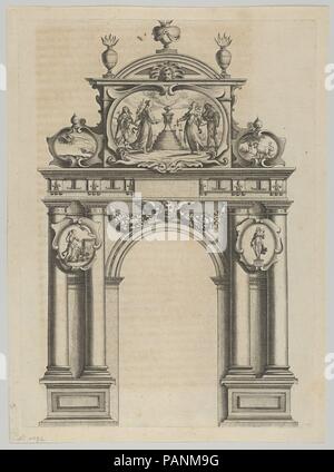 Arco trionfale, da 'Éloges et Discours sur la triomphante réception du Roy en sa Ville de Paris ..." da Jean-Baptiste de Machault. Artista: Melchior Tavernier (Francese (nato Fiandre), Anversa 1564-1641 Parigi); Pierre Firens I (fiammingo, Anversa 1580-1638 Parigi); dopo Abraham Bosse (francese, Tours 1602/1604-1676 Parigi). Autore: Jean-Baptiste de Machault (francese del XVII secolo). Dimensioni: foglio: 11 7/8 x 8 3/4 in. (30,1 × 22,3 cm) Piastra: 11 1/8 × 8 a. (28,2 × 20,3 cm). Data: 1629. Museo: Metropolitan Museum of Art di New York, Stati Uniti d'America. Foto Stock