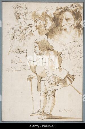 La caricatura di un gentiluomo e altri studi. Artista: Giovanni Domenico Tiepolo (Italiano, 1727-1804 Venezia Venezia). Dimensioni: 10-11/16 x 7-5/16 in. (27,1 x 18,5 cm). Data: 1727-1804. Domenico Tiepolo la idoneità di un caricaturista è ben esemplificato da questo foglio, che se non fosse stato firmato, potrebbe essere facilmente preso per il lavoro del padre Giovanni Battista Tiepolo. Al di sopra del gentiluomo permanente appare un bouquet di carattere capi che si verificano in molti di Domenico dipinti e incisioni; al bordo sinistro vi sono bozzetti di una mano e la punta di una faretra. Come Filippo Pedrocco obs Foto Stock