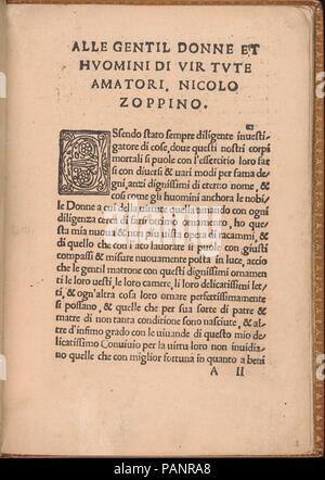 Il Convivio delle Belle Donne, pagina 2 (recto). Progettista: Xilografia confine sul titolo firmato da Matteo da Treviso (italiano, attivo del XVI secolo). Dimensioni: complessivo: 7 7/8 x 5 1/2 in. (20 x 14 cm). Pubblicato in: Venezia. Editore: Nicolò Zoppino (italiano, Ferrara 1478/80-1544 Venezia) , Venezia. Data: Agosto 1532. Pubblicato da Nicolo Zoppino, italiano, attivo del XVI secolo, Venezia, progettato da Matteo da Treviso, italiano, attivo del XVI secolo. La dedizione pagina con la xilografia iniziale "E" a partire della seconda sezione di testo. Museo: Metropolitan Museum of Art di New York, Stati Uniti d'America. Foto Stock