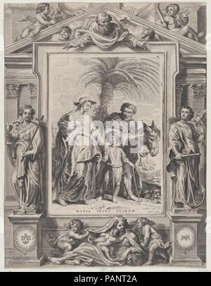 Il ritorno dall'Egitto, il Cristo bambino camminare tra la Vergine e san Giuseppe. Artista: dopo Peter Paul Rubens (fiammingo, Siegen 1577-1640 Anversa); Frans Huberti (fiammingo, attivo 1650-87) ?; dopo Gerard Seghers (fiammingo, Anversa 1591-1651 Anversa) (cornice floreale). Dimensioni: Piastra: 10 13/16 × 7 13/16 in. (27,5 × 19,8 cm) Foglio (trimmed): 18 5/16 × 13 7/8 in. (46,5 × 35,2 cm). Editore: Frans Huberti (fiammingo, attivo 1650-87). Data: ca. 1650-87. Museo: Metropolitan Museum of Art di New York, Stati Uniti d'America. Foto Stock