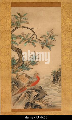 Fagiani tra alberi: fiori delle quattro stagioni. Artista: Kano Shoei (giapponese, 1519-1592). Cultura: il Giappone. Dimensioni immagine: (a): 37 3/8 × 18 3/8 in. (95 × 46,6 cm) complessivamente con il supporto di montaggio (a): 84 3/4 × 26 5/8 in. (215,2 × 67,6 cm) in generale con le manopole (A): 84 3/4 × 28 15/16 in. (215,2 × 73,5 cm) immagine (b): 37 3/8 × 18 3/8 in. (95 × 46,6 cm) complessivamente con il supporto di montaggio (B): 84 15/16 × 26 5/8 in. (215.8 × 67,7 cm) in generale con le manopole (B): 84 15/16 × 28 15/16 in. (215.8 × 73,5 cm). Data: probabilmente 1560 s. Coppie di fagiani--simboli di eleganza imperiale-- pongono tra alberi di buon auspicio e fiori repr Foto Stock