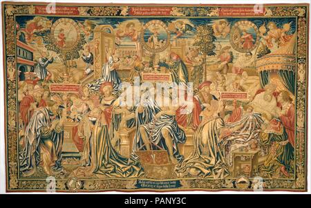 I dodici età dell'uomo: le ultime tre età dell uomo (54-72), o d'inverno. Autore: autore di iscrizioni eventualmente Jerome van Busleyden (Hieronymus Buslidius) (ca. 1470-1517). Cultura: fiamminga di Bruxelles. Progettista: probabilmente dopo un design by Officina di Bernard van Orley (Netherlandish, Bruxelles ca. 1492-1541/42 Bruxelles). Dimensioni: H 175 x W. 282 pollici (444,5 x 716.3 cm.). Data: ca. 1515. Questo arazzo illustra le tre finali età dell'uomo, equiparata con l'età avanzata, di infermità e morte in una composizione tripartita. Gli ultimi diciotto anni di vita corrispondono ai mesi di ottobre e novembre Foto Stock