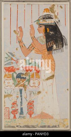 Menna della figlia offrendo ai suoi genitori, tomba di Menna. Artista: Nina de Garis Davies (1881-1965). Dimensioni: facsimile: h. 77,5 cm (30 1/2 in); w. 41 cm (16 1/8 in); scala 1:1; incorniciato: 81,6 cm (32 1/8 in); w. 44 cm (17 5/16 in.). Dynasty: Dynasty 18. Regno: regno di Thutmosi IV-Amenhotep III. Data: ca. 1400-1352 A.C. Museo: Metropolitan Museum of Art di New York, Stati Uniti d'America. Foto Stock