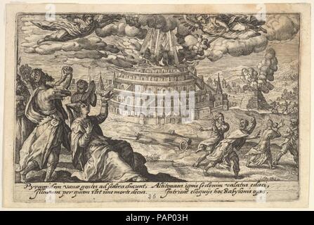 La distruzione della torre di Babele: a destra uomini e donne fuggono dalla combustione della torre, a sinistra uomini e donne alza le mani verso due angeli in volo, da una serie di incisioni realizzate per la prima edizione del "Liber Genesis'. Artista: Crispijn de passe il sambuco (Netherlandish, Arnemuiden 1564-1637 Utrecht). Dimensioni: foglio: 3 9/16 x 5 5/16 in. (9 x 13,5 cm) Piastra: 3 1/4 x 4 3/4 in. (8,3 x 12,1 cm). Serie/Portfolio: incisioni realizzate per la prima edizione del "Liber Genesis'. Data: 1612. Museo: Metropolitan Museum of Art di New York, Stati Uniti d'America. Foto Stock