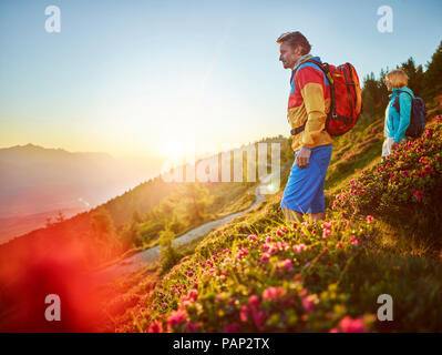 Austria, Tirolo, giovane escursionismo il Zirbenweg al Patscherkofel, guardando a vista Foto Stock