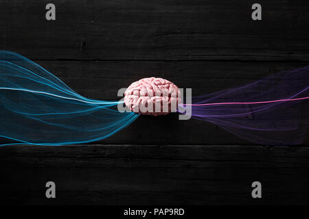 Il cervello e le onde della luce che simboleggia il flusso di dati Foto Stock