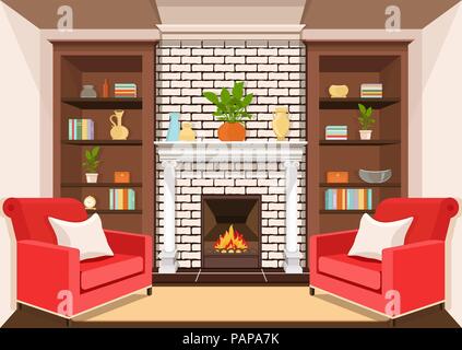 Camera con caminetto, piatto interno, colorato disegno, illustrazione vettoriale. Soggiorno con fuoco ardente, armadi con vasi, libri e piante in vaso Illustrazione Vettoriale