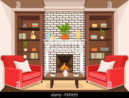 Camera con caminetto, piatto interno, colorato disegno, illustrazione vettoriale. Soggiorno con fuoco ardente, armadi con vasi, libri e piante in vaso Illustrazione Vettoriale