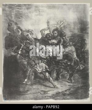 Weislingen attaccato da Goetz's uomini. Artista: Eugène Delacroix (francese, Charenton-Saint-Maurice 1798 - 1863 Parigi). Dimensioni: 12 1/4 x 10 11/16 in. (31,1 x 27,2 cm). Serie/Portfolio: Goethe, Goetz von Berlichingen, atto 1, Scena 3. Data: 1836-43. Il soggetto di questa stampa è basato su una scena in Goethe di gioco (pubblicato in tedesco nel 1773; e il francese nel 1823) che racconta la storia della vita di un cavaliere tedesco (1480-1562) che hanno combattuto per riconquistare i privilegi dei cavalieri libero, annullati dall'imperatore Massimiliano I nel 1495. Museo: Metropolitan Museum of Art di New York, Stati Uniti d'America. Foto Stock