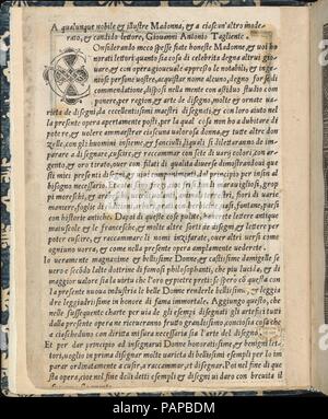 Essempio di recammi, titolo pagina (verso). Autore: Giovanni Antonio tagliente (italiano, Venezia ca. 1465-1528 Venezia). Dimensioni: complessivo: 7 13/16 x 6 3/16 x 3/8 in. (19,8 x 15,7 x 1 cm). Editore: Giovanni Antonio di Nicolini da Sabio e i fratelli (italiano, attivo Venezia, ca. 1522-1545) , Venezia. Data: 1530. Scritto da Giovanni Antonio tagliente, Italiano, Venezia ca. 1465-1527 Venezia, pubblicato da Giovanantonio e i fratelli da Sabbio Venezia. La dedizione pagina con la xilografia lettera iniziale "C" che inizia la terza riga di testo. Museo: Metropolitan Museum of Art di New York, Stati Uniti d'America. Foto Stock