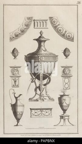 Progettazione di ornamento con vasi (in 'Designs per vari ornamenti", pl. 38). Artista: Dopo Giovanni Battista Cipriani (italiano, Firenze 1727-1785 Hammersmith (attivo a Londra). Artista e editore: Michelangelo Pergolesi (italiano, attivo dal 1760-morto 1801). Dimensioni: Piastra: 17 13/16 × 10 13/16 in. (45,2 × 27,4 cm). Incisore: Francesco Bartolozzi (italiano, Firenze 1728-1815 Lisbona). Data: Febbraio 29, 1782. Museo: Metropolitan Museum of Art di New York, Stati Uniti d'America. Foto Stock