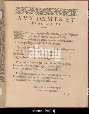 Les Singuliers et Nouveaux Portraicts... pagina 3 (recto). Raccoglitore: Chambolle-Duru (francese del XIX secolo). Progettista: Federico de Vinciolo (italiano, attivo a Parigi, ca. 1587-99). Dimensioni: complessivo: 8 1/16 x 6 5/16 in. (20,5 x 16 cm). Editore: Jean Le Clerc , Parigi. Sitter: antiporta ritratto di Enrico III Re di Francia e Polonia (1551-1589); Ritratto di Louise de Lorraine-Vaudemont (Francese, 1553-1601 Nomény Moulins) , regina di Francia. Data: 1588. Progettato da Federic de Vinciolo, pubblicato da Jean Le Clerc, Parigi, vincolati da Chambolle-Duru, francese del XIX secolo. Sonnet stampate in bianco e nero con Foto Stock