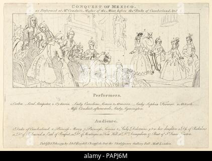 Chiave con elenco degli artisti interpreti e degli artisti esecutori di: l'imperatore indiano, o la conquista del Messico, atto 4, scena 4. Artista: Dopo William Hogarth (British, Londra Londra 1697-1764). Autore: Illustra John Dryden (British, Aldwincle, Northamptonshire 1631-1700 Londra). Dimensioni: foglio: 5 7/8 x 8 3/8 in. (15 x 21,2 cm). Editore: John & Josiah Boydell (British, 1786-1804). Data: Febbraio 1, 1791. Museo: Metropolitan Museum of Art di New York, Stati Uniti d'America. Foto Stock