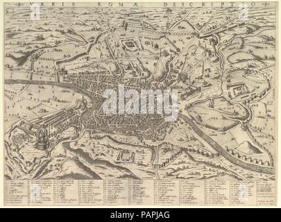 Speculum Romanae Magnificentiae": Vista di Roma moderna dall'Occidente. Artista: Giovanni Ambrogio Brambilla (italiano, attivo Roma, 1575-99). Dimensioni: foglio: 16 1/8 x 20 3/8 in. (41 x 51,8 cm). Editore: Claudio Duchetti (italiano, attivo a Venezia e Roma, ca. 1565-morta ca. 1585). Serie/Portfolio: Speculum Romanae Magnificentiae". Data: 1590. Questa stampa proviene dal museo della copia del Speculum Romanae Magnificentiae" (Lo specchio della magnificenza romana) lo specolo trova la sua origine nella pubblicazione si sforza di Antonio Salamanca e Antonio Lafreri. Durante la loro pubblicazione romana carriere, il Foto Stock