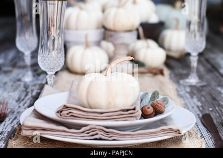 Posizionare l'impostazione su un casale rustico paese tabella con mini zucche bianco e bicchieri di cristallo per il giorno del Ringraziamento o di Halloween. Foto Stock
