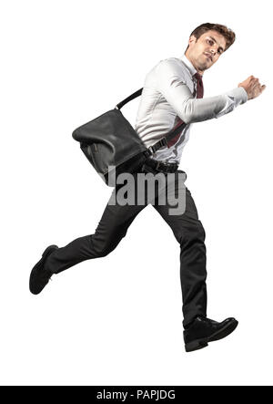 Jumping man su bianco vista laterale Foto Stock
