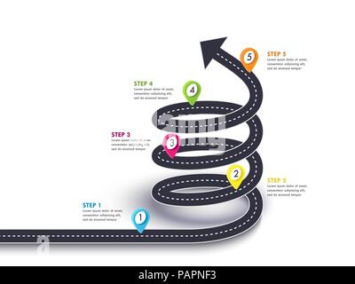 Freccia a spirale la strada del successo. Viaggio su strada e il cammino percorso con il pin pointer e posto per i vostri dati. Strada tortuosa su uno sfondo bianco. EPS vettoriali 10 Illustrazione Vettoriale