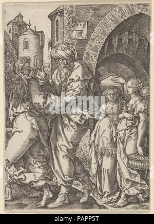 Lot e la sua famiglia in fuga da Sodoma, dalla storia del lotto. Artista: Heinrich Aldegrever (tedesco, Paderborn ca. 1502-1555/1561 Soest). Dimensioni: foglio: 4 1/2 x 3 1/8 in. (11,4 × 8 cm). Serie/Portfolio: la storia del lotto. Data: 1555. Sacco essendo portato fuori di Sodoma da un angelo a sinistra, con sua moglie e le sue due figlie seguenti a destra. Alle loro spalle i cancelli del Sodoma. Basato sulla Genesi 19:16. La piastra 3 da una serie di quattro incisioni. Museo: Metropolitan Museum of Art di New York, Stati Uniti d'America. Foto Stock