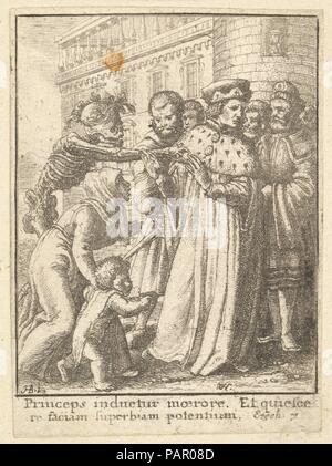 Il duca, dalla danza di morte. Artista: Dopo Hans Holbein il Giovane (tedesco, Augsburg 1497/98-1543 Londra). Dimensioni: foglio: 2 15/16 × 2 1/8 in. (7,4 × 5,4 cm). Incisore: Wenceslaus Hollar (boemo, Praga 1607-1677 Londra). Serie/Portfolio: danza di morte, dopo Holbein. Data: 1651. Il Duca indossando un ermellino-guarniti robe si allontana da un mendicante donna e bambino mentre la morte, coronata con fiori, lo tocca sulla spalla; dopo Holbein. Museo: Metropolitan Museum of Art di New York, Stati Uniti d'America. Foto Stock