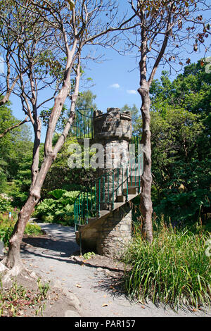 Scala a chiocciola della torre in pietra, l'Admiral's Tower, in giardini Clyne, Swansea, Wales, Regno Unito Foto Stock