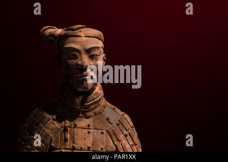 Ritratto di un isolato dei Guerrieri di Terracotta contro un Imperial Maroon sfondo illuminato dal di sopra Foto Stock