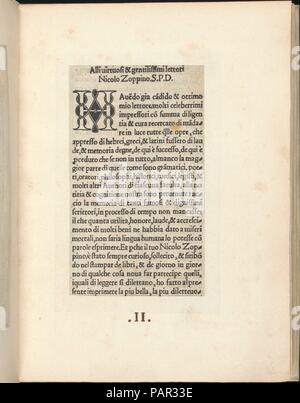 Esemplario di lavori, pagina 2 (recto). Dimensioni: 9 5/16 x 7 1/4 x 15/16 in. (23,7 x 18,4 x 2,4 cm). Pubblicato in: Venezia. Editore: Nicolò Zoppino (italiano, Ferrara 1478/80-1544 Venezia) , Venezia. Data: Agosto 1529. Pubblicato da Nicolo Zoppino, italiano, attivo del XVI secolo, Venezia. La dedizione pagina stampata con inchiostro nero con iniziale xilografia lettera: "H.". Museo: Metropolitan Museum of Art di New York, Stati Uniti d'America. Foto Stock