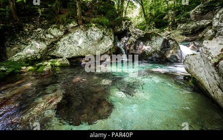 Idilliaco fiume di montagna nella valle Lepena, Soca - Slovenia Bovec. Acqua Sunik grove - bella ruscello di montagna con cascata e pool di turquo verde Foto Stock