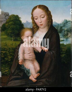 Madonna e Bambino. Artista: attribuito a Simon Bening (Netherlandish, Gand (?) 1483/84-1561 Bruges). Dimensioni: complessivamente 10 x 8 1/4 in. (25,4 x 21 cm), con aggiunta di striscia di 3/8 in. (1 cm) in alto; superficie verniciata 9 5/8 x 8 1/4 in. (24,4 x 21 cm). Data: ca. 1520. Bening, un celebre miniatore, ha preso la Vergine e il bambino da David <i>resto sulla fuga in Egitto</i> (visualizzato nelle vicinanze) e li ha inseriti in un contesto diverso. Giuseppe è assente e non vi è alcun riferimento di manifesti per il viaggio della Santa Famiglia. Così, in linea con una tendenza contemporanea verso la secolarizzazione della religio Foto Stock