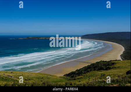 Vista sul largo Tautuku Sandy Bay, il Catlins, Isola del Sud, Nuova Zelanda Foto Stock