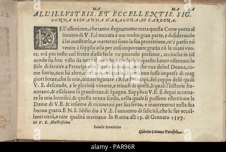 Studio delle virtuose Dame, pagina 3 (recto). Progettista: Isabella Catanea Parasole (Italiano, ca. 1565/70-ca. 1625). Dimensioni: complessivo: 5 1/2 x 8 1/16 in. (14 x 20,5 cm). Editore: Antonio Fachetti , Roma. Data: 1597. Progettato da Isabella Catanea parasole, Italiano, ca. 1575-ca. 1625, pubblicato da Antonio Fachetti, Roma. La dedizione pagina in italiano, stampato in nero con decorativo iniziale xilografia 'D'. Museo: Metropolitan Museum of Art di New York, Stati Uniti d'America. Foto Stock