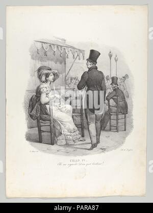 Cap. IV: Elle me confronti! Dieu tal bonheur! (She me! Che felicità!). Artista: Victor Adam (Francese, 1801-1866). Dimensioni: 14 1/4 × 10 1/16 in. (36,2 × 25,5 cm). Litografo: Langlumé (francese, attivo 1819-30). Editore: Sazerac e Duval Street , Parigi. Serie/Portfolio: Nazioni Unite un de la vie d'onu jeune homme (un anno nella vita di un giovane uomo). Data: 1824. Museo: Metropolitan Museum of Art di New York, Stati Uniti d'America. Foto Stock