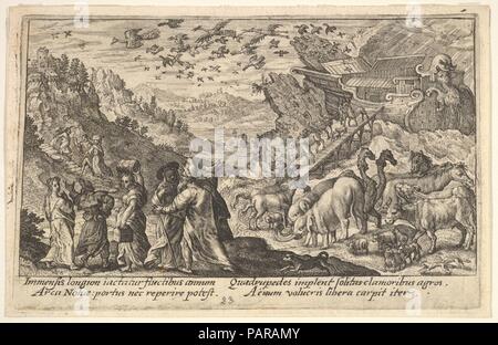 Noè lasciando l'arca con la sua famiglia e gli animali: a sinistra la famiglia di Noè porta fornisce, di animali di destra si scende su una rampa da l'arca, sopra gli uccelli in volo da l'ARCA, da una serie di incisioni per il "Liber Genesis'. Artista: Crispijn de passe il sambuco (Netherlandish, Arnemuiden 1564-1637 Utrecht). Dimensioni: foglio: 3 7/16 x 5 3/8 in. (8,8 x 13,7 cm) Piastra: 3 5/16 x 5 3/16 in. (8,4 x 13,2 cm). Serie/Portfolio: serie di incisioni per il "Liber Genesis'. Data: 1612. Museo: Metropolitan Museum of Art di New York, Stati Uniti d'America. Foto Stock