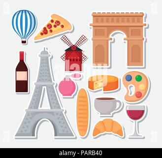Imposta icona della Francia il concetto di cultura su sfondo bianco, design colorato. illustrazione vettoriale Illustrazione Vettoriale
