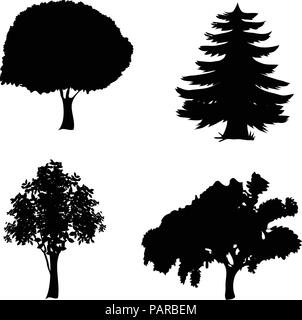 Set di vettore di alberi icone. Silhouette nera di fogliame e pini isolati su sfondo bianco. Illustrazione Vettoriale