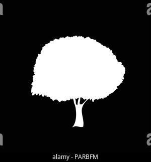 Silhouette bianca di fogliare icona albero isolato su sfondo nero. Illustrazione Vettoriale, segno, simbolo, clip art, il pittogramma per la progettazione. Illustrazione Vettoriale
