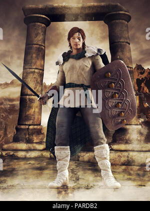 Fantasy Guerriero celta con una spada e uno scudo in piedi di fronte a un arco in pietra. 3D render. Foto Stock