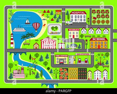 Città incantevole paesaggio via auto. Tappetino di gioco per bambini e attività di intrattenimento. Soleggiata città paesaggio con strade, fabbrica, edifici e impianti. Illustrazione Vettoriale