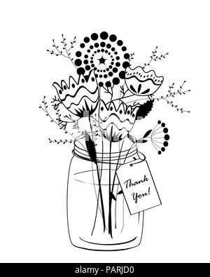 Doodle bouquet di fiori in vaso di vetro. Ringrazio il Card. Vettore di contorno. Disegno a mano stile. Invito floreali, grazioso poster. Illustrazione Vettoriale