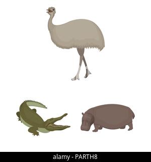 Diversi animali cartoon icone nella raccolta di set per il design. Bird, predator e erbivoro simbolo vettore illustrazione stock. Illustrazione Vettoriale