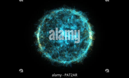 Abstract motion graphics isolato sfera colorata nello spazio con particelle incandescenti su sfondo nero. Sfera di energia con filo di linee di alimentazione. Atom scien Foto Stock